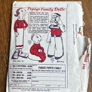 Vintage sewing pattern, Popeye Family Dolls by Parade ca 1960's
